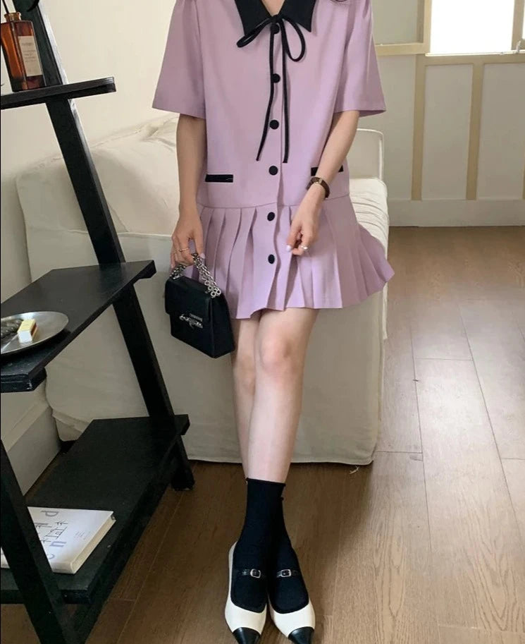 Korean Style Polo Spell Color Female Dresses Loose Straight Single Breasted Bow Puff Sleeve Women’s Dresses Chiffon Dress