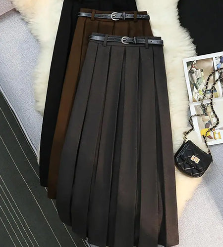 Korean Black Woolen Skirt Women Elegant Brown Autumn Winter High Waist A-line Office Fashion Gray Zippered Pleated Long Skirts