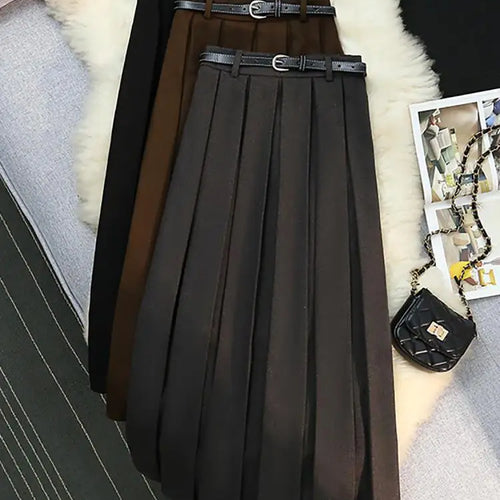 Load image into Gallery viewer, Korean Black Woolen Skirt Women Elegant Brown Autumn Winter High Waist A-line Office Fashion Gray Zippered Pleated Long Skirts
