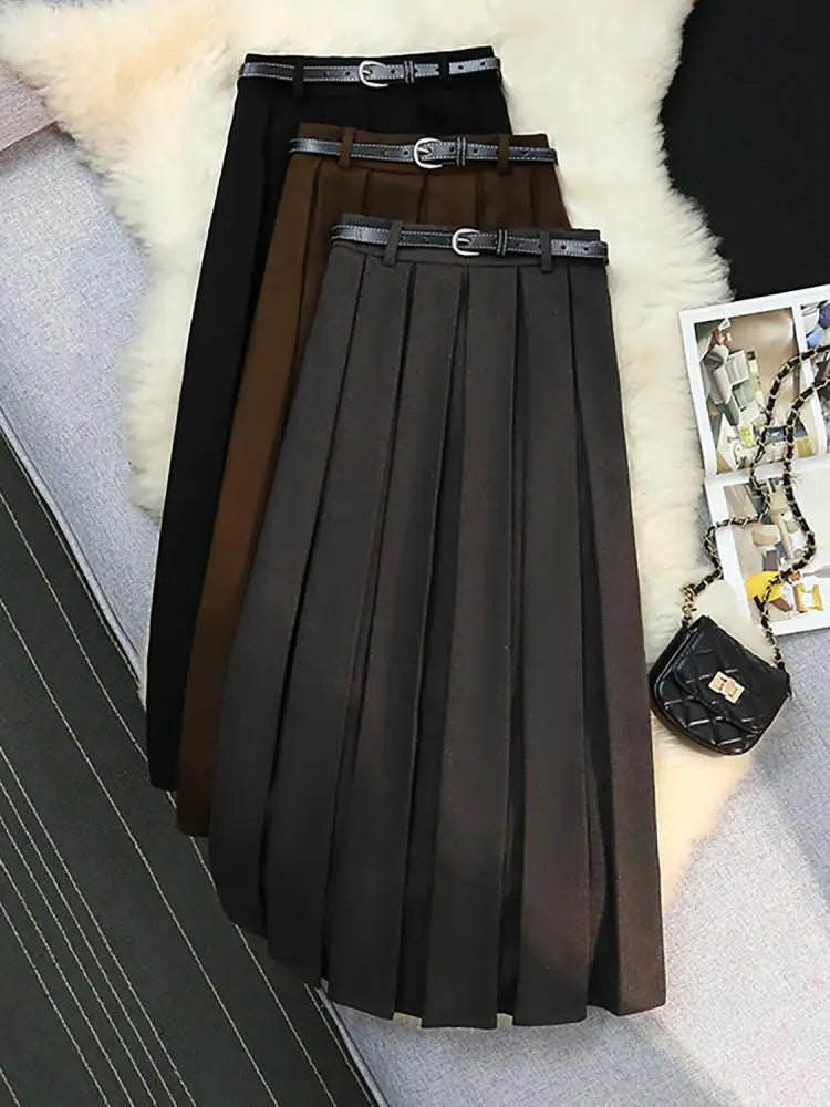 Korean Black Woolen Skirt Women Elegant Brown Autumn Winter High Waist A-line Office Fashion Gray Zippered Pleated Long Skirts