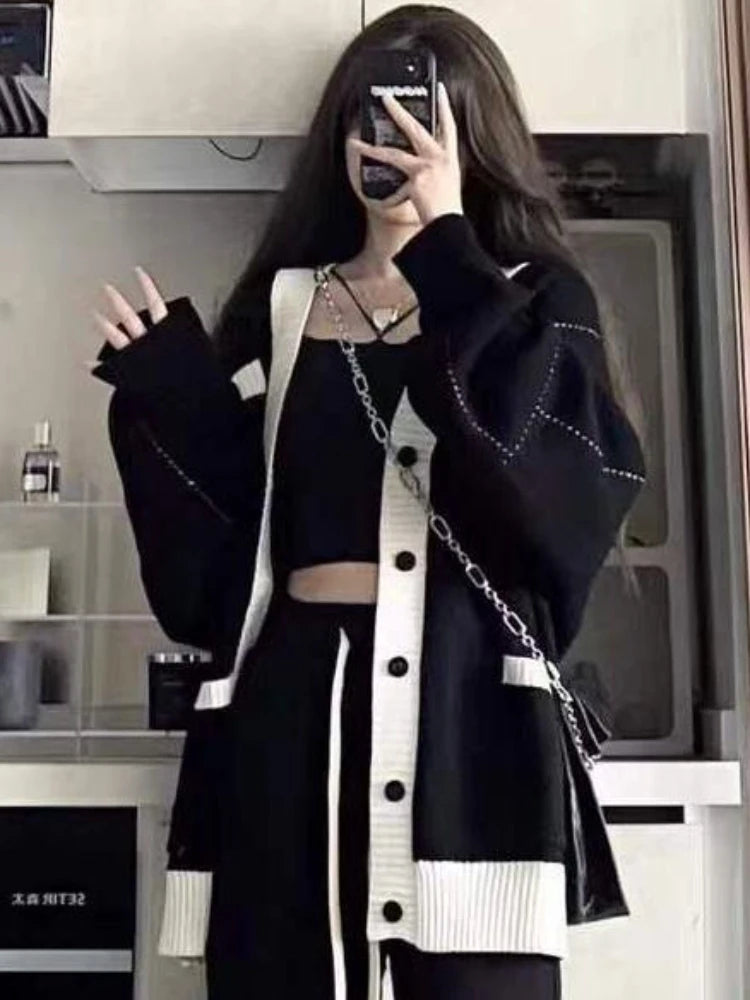 Harajuku Patchwork Simple Cardigan Women Loose V-neck Pocket Streetwear Knitted Female Cardigans Coat Y2k Aesthetic 2025 Autumn