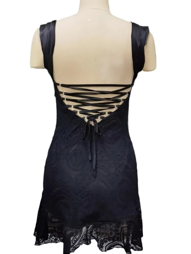 Sexy Sleeveless Hollow Lace Patchwork Dress Women Tight Ruffle Edge Female Mini Dress Nightclub Party Vestidos 2024 New