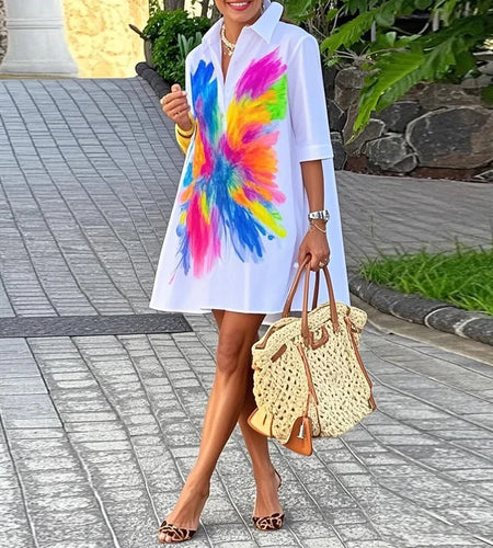 Summer Women's Printed Mini Dresses 2025 New Contrast Color Lapel Buttoned Simple Vacation A-line Shirt Dress for Woman
