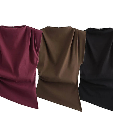 New European and American fashion simple pleated decorative shoulderless top