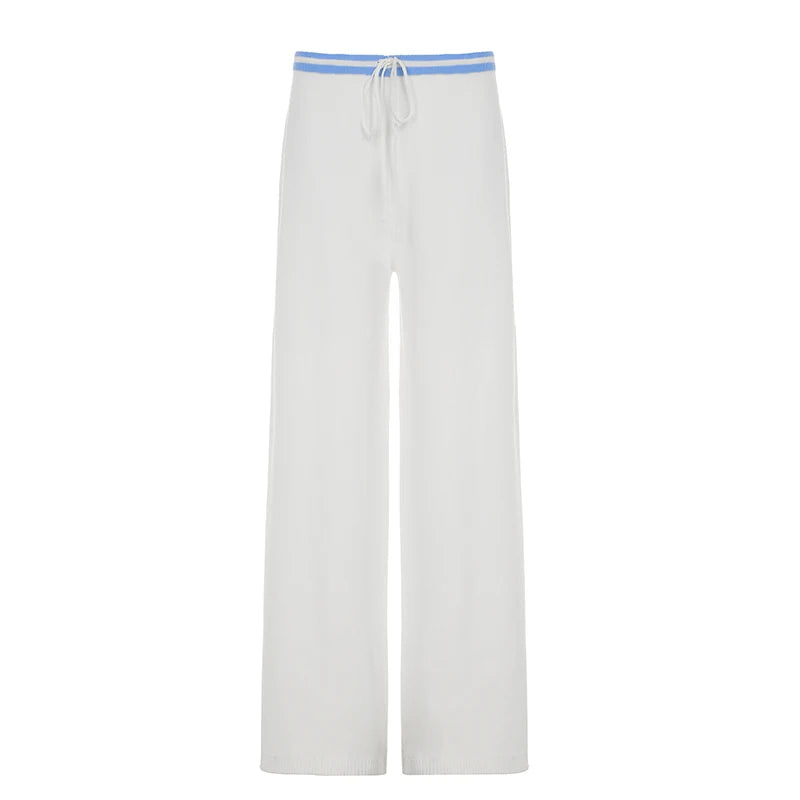 Casual Waist Contrast Color Knitted Pants Women Drawstring Full Length Straight Leg Trousers Spring Low Rise Bottoms