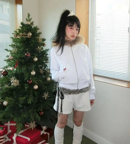 Furry Hooded Sweatshirts Women Clothing 2024 Ropa Mujer Fashion White Hoodies Coat Y2k Tops Thicked Casual Zipper Cropped Hoodie