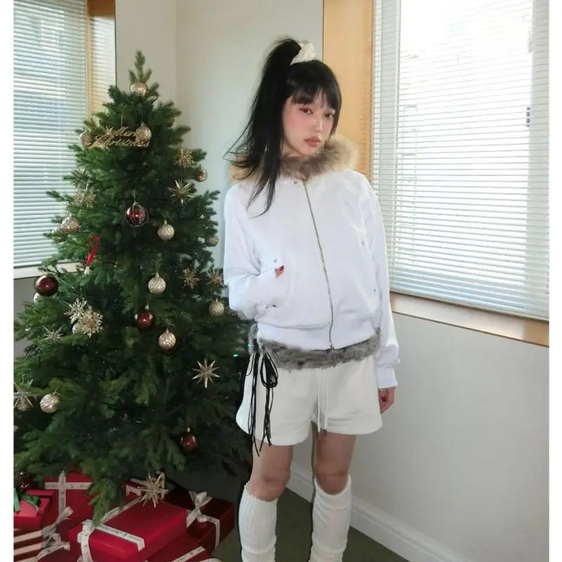 Furry Hooded Sweatshirts Women Clothing 2024 Ropa Mujer Fashion White Hoodies Coat Y2k Tops Thicked Casual Zipper Cropped Hoodie