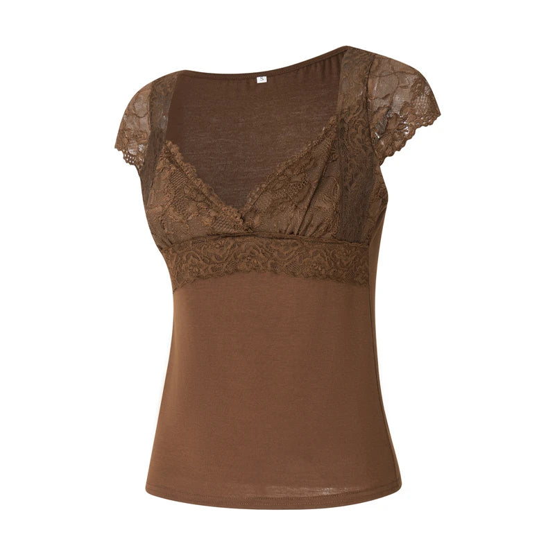 Brown Lace Crop Tops Vintage Aesthetic Women V Neck Short Sleeve T Shirt y2k Fairy Grunge Clothes 2000s Streetwear