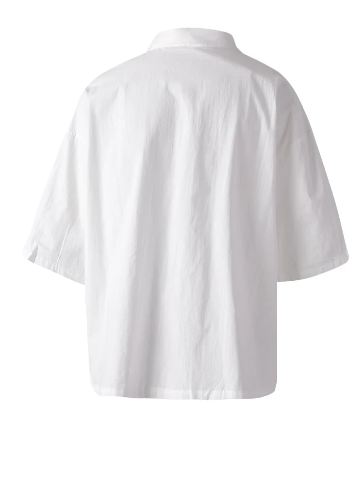 Women White Buckle Irregular Thin Big Size Blouse New Lapel Short Sleeve Shirt Fashion Tide Spring Summer 2025 CPG3164