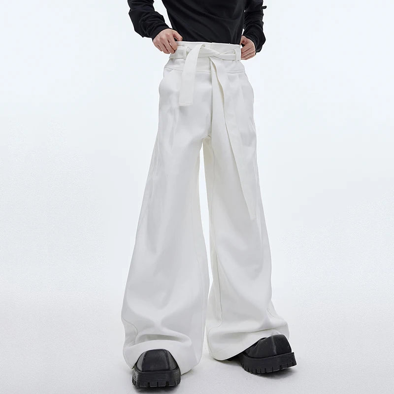 High Waist Lace-up Male Causal Suit Pants Niche Design Solid Color Men's Wide Leg Trousers Personality New Spring 9C4012