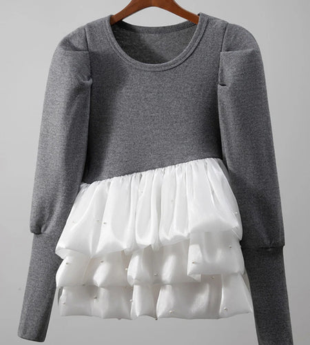 Gray Ruffles Slim Bud Sweater Round Neck Long Puff Sleeve Women Pullovers New Fashion Tide Spring Autumn 2025 1DJ1487