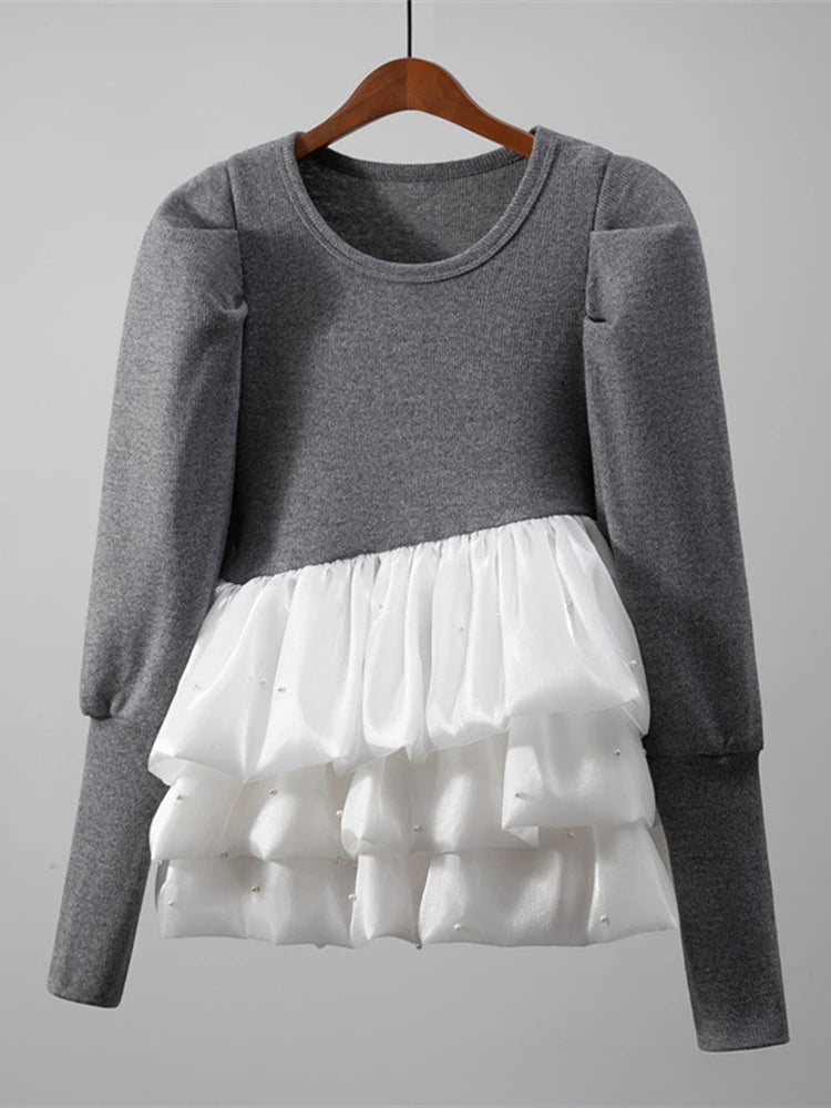 Gray Ruffles Slim Bud Sweater Round Neck Long Puff Sleeve Women Pullovers New Fashion Tide Spring Autumn 2025 1DJ1487