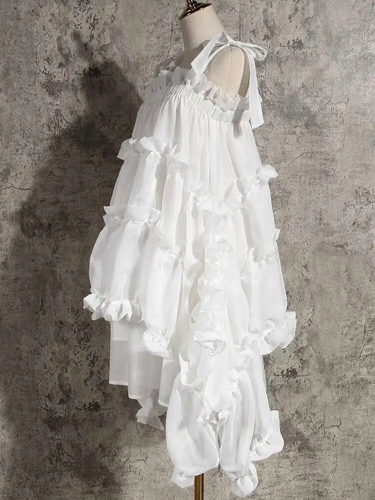 Women  Irregular Ruffles Spaghetti Strap Dress New Round Neck Long Sleeve Loose Fit Fashion Tide Spring Autumn 2025 1W571