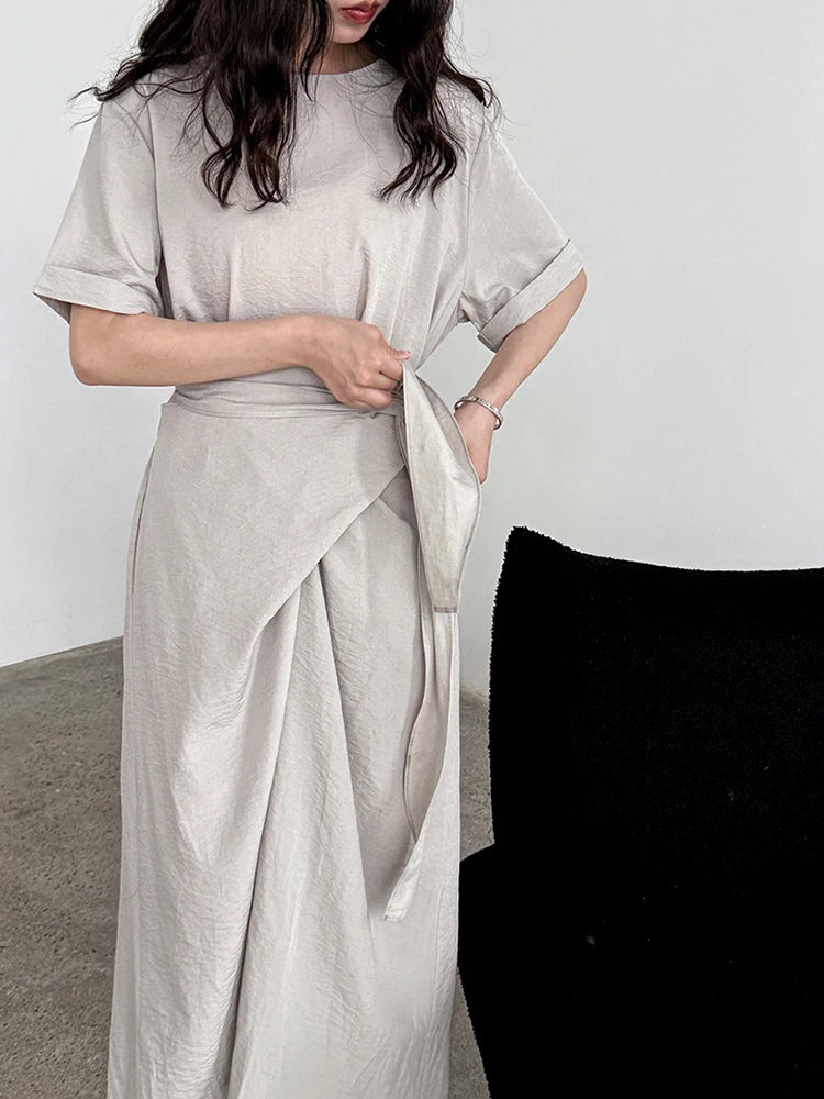 Women Navy Blue Cross Bandage Big Size Elegant Midi Dress New Round Neck Short Sleeve Fashion Spring Summer 2025 1DJ1359