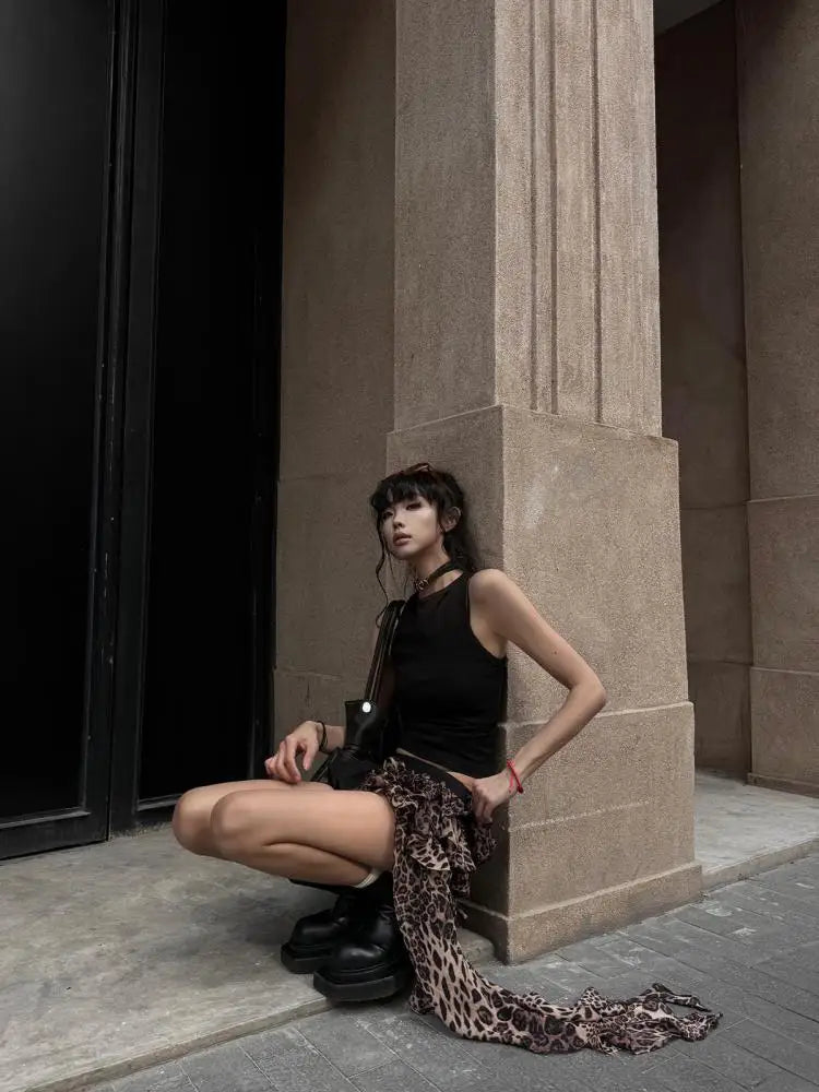 Vintage Brown Leopard Print Pleated Short Skirt Women Sexy Club Irregular Ruffle Cake Mini Skirts Summer Y2k Streetwear Fashion