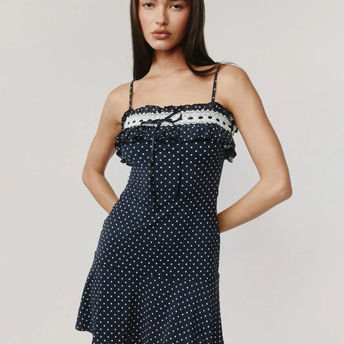 Load image into Gallery viewer, Spaghetti Strap Polka Dot Mini Dress For Women Robe Contrast Color Off-shoulder Sleeveless Backless Club Party Dress
