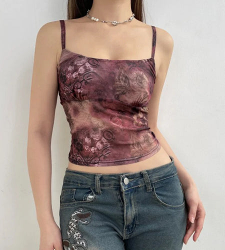 Grunge Retro Graphic Print Summer Mesh Top Camis Mini Y2K 90s Aesthetic Tie Dye Crop Top Female Transparent Goth Sexy