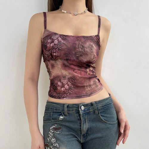 Load image into Gallery viewer, Grunge Retro Graphic Print Summer Mesh Top Camis Mini Y2K 90s Aesthetic Tie Dye Crop Top Female Transparent Goth Sexy
