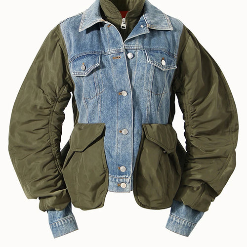 Load image into Gallery viewer, Blue Denim Color-block Big Size Jacket New Stand Collar Long Sleeve Women Coat Fashion Tide Spring Autumn 2025 7Z249
