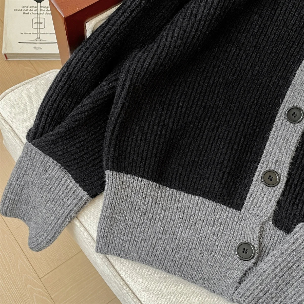 French Vintage 2024 New Women Grey Patchwork Long Sleeved Crochet Sweater Autumn Winter Single Breasted Loose Cardigan Knit Tops