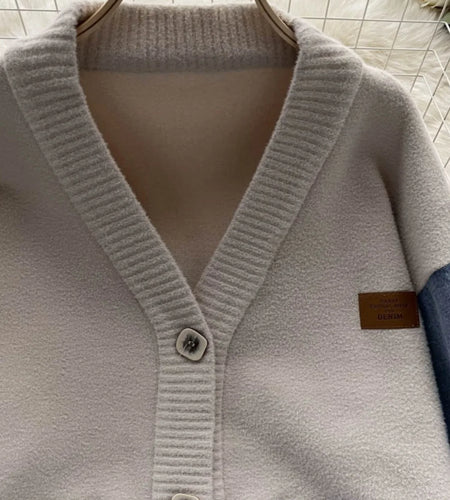 Korean Vintage Beige Patchwork Denim Single Breasted Knit Cardigan Sweater Autumn Winter Women New V Neck Long Sleeve Tops Trend