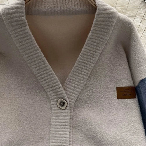 Load image into Gallery viewer, Korean Vintage Beige Patchwork Denim Single Breasted Knit Cardigan Sweater Autumn Winter Women New V Neck Long Sleeve Tops Trend
