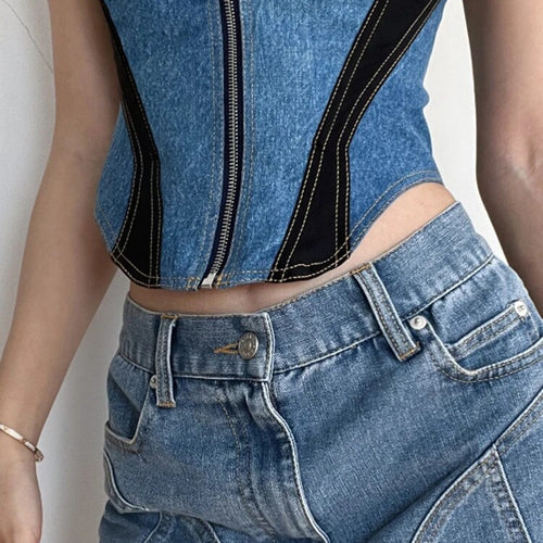 Load image into Gallery viewer, Hit Color Denim Tank Top For Women Square Collar Sleeveless Slimming Patchwork Zipper Sexy Vest Female Fashion
