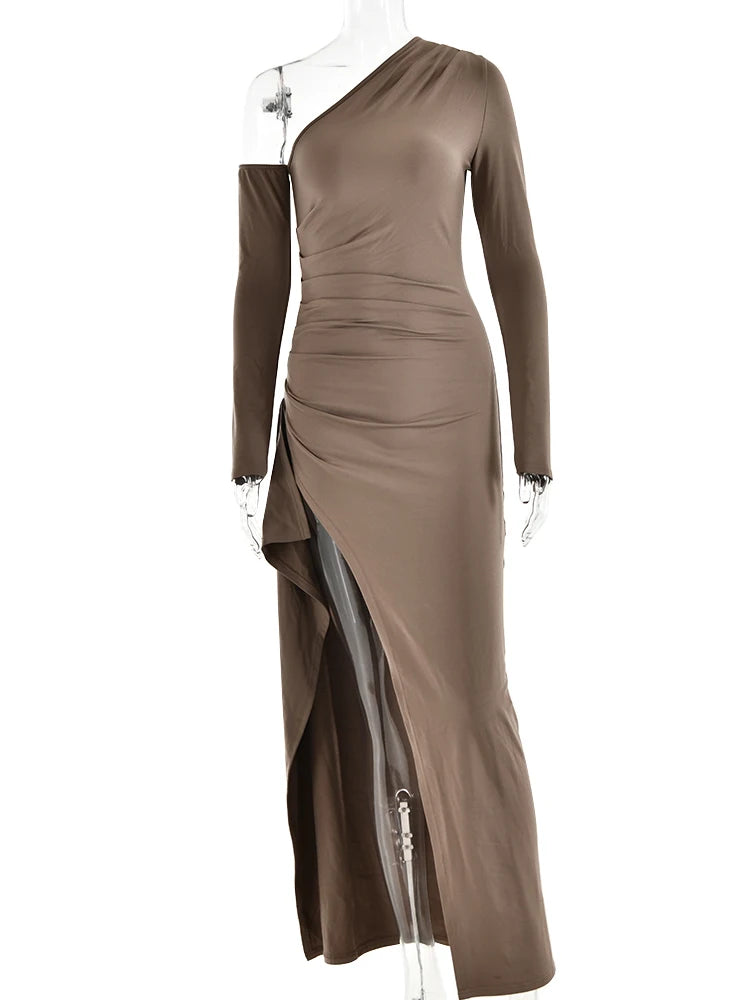 Autumn Sexy Fashion Long Sleeve High Split Women's Dress Oblique Shoulder Elegant Party Club Long Slim Fit Evening Dress