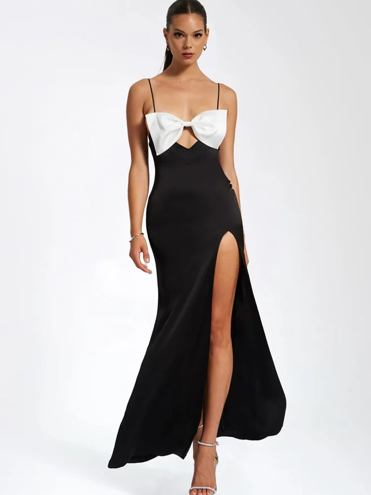 Elegant Premium Satin Finish Women Christmas Dress Sexy Open Back Split Long Dress Party Evening Dress Bodycon Vestidos