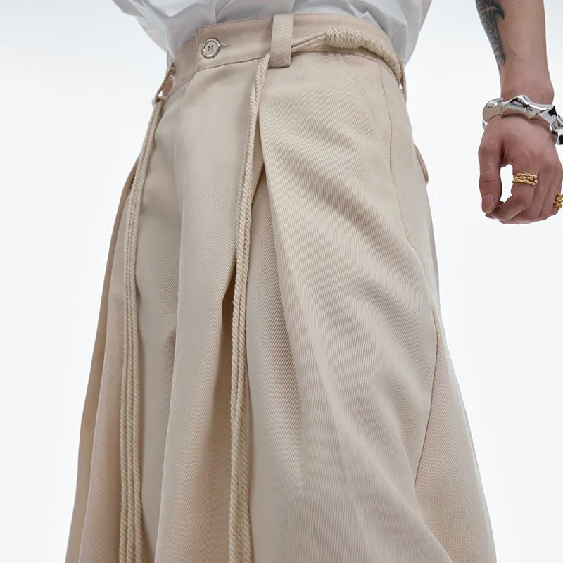 Strap Design Casual Pants Loose Straight Solid Color Lace-up Wide Leg Male Trousers Loose Simple Fashion 24E1288