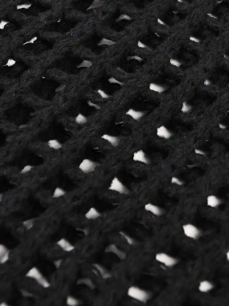 Women Black Knittng Hollow Out Big Size Long Dress New Round Neck Long Sleeve Fashion Tide Spring Autumn 2025 5WA10401