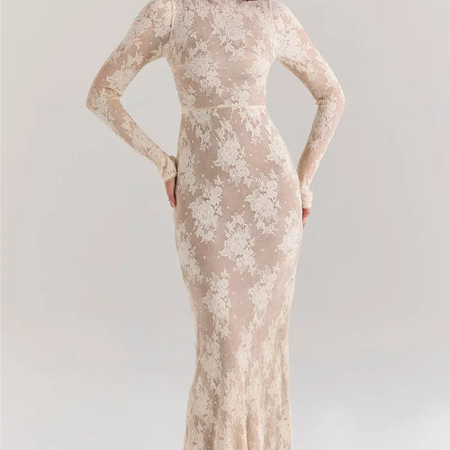 Load image into Gallery viewer, Lace Print Long Sleeve Sexy Maxi Dress For Women White Zipper Half High Collar Bodycon Fashion Elegant Long Dress
