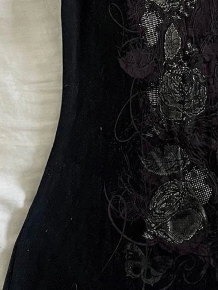 Y2k Aesthetic Flower Printing Women Grunge T-shirts Vintage Slim Harajuku Causal Black Tshirts 2025 Summer Bottoming Crop Tops