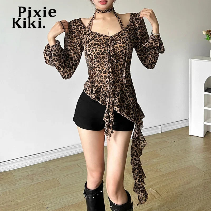 Leopard Print Mesh Sheer Sexy Tops for Women Asymmetrical Ruffled Flare Sleeve Shirts & Blouses Fall 2024 P71-DE15