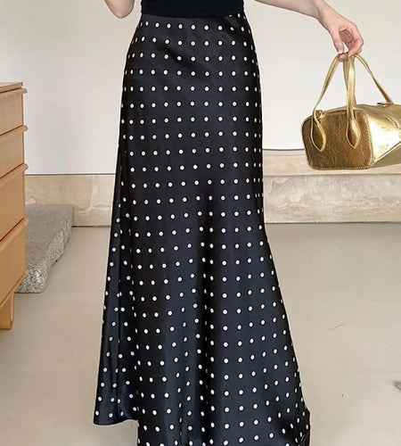Spring Summer Vintage Black Beige Polka Dot Fishtail Long Skirts Women High Waist Slim Vacation Wrapped Hip Skirt Korean Fashion