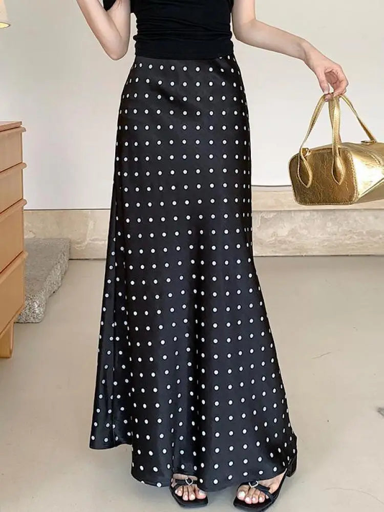 Spring Summer Vintage Black Beige Polka Dot Fishtail Long Skirts Women High Waist Slim Vacation Wrapped Hip Skirt Korean Fashion