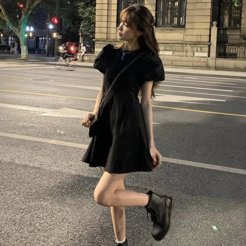 Load image into Gallery viewer, Summer Backless Black Mini Dress Women Gothic Harajuku Wrap Puff Sleeve Dresses Short Sleeve Korean Fashion Kpop
