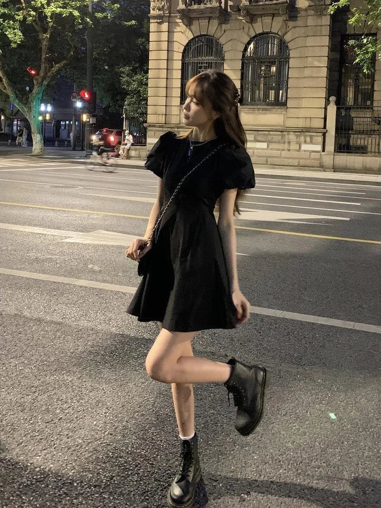 Summer Backless Black Mini Dress Women Gothic Harajuku Wrap Puff Sleeve Dresses Short Sleeve Korean Fashion Kpop