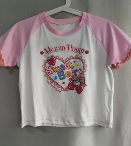 Ropa Mujer Woman Tshirts Embroidery Strawberry Crop Tops Short Sleeve O-neck Tees Japanese Camisetas Casual Y2k T-shirt