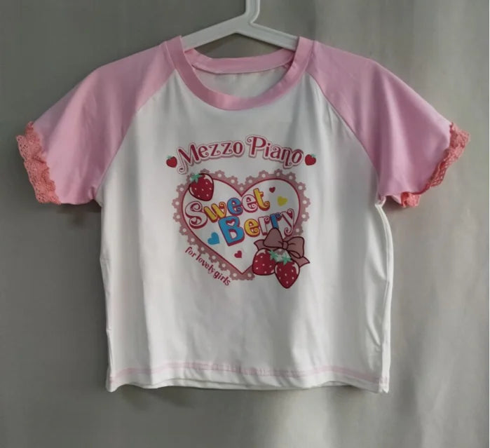 Ropa Mujer Woman Tshirts Embroidery Strawberry Crop Tops Short Sleeve O-neck Tees Japanese Camisetas Casual Y2k T-shirt