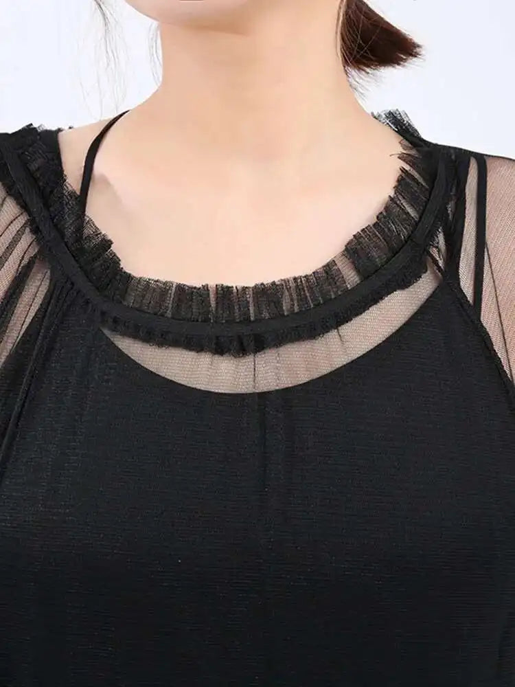 Women Black Ruffles Long Big Size Dress New Round Neck Three-quarter Sleeve Loose Fit Fashion Spring Summer 2025 JR77101