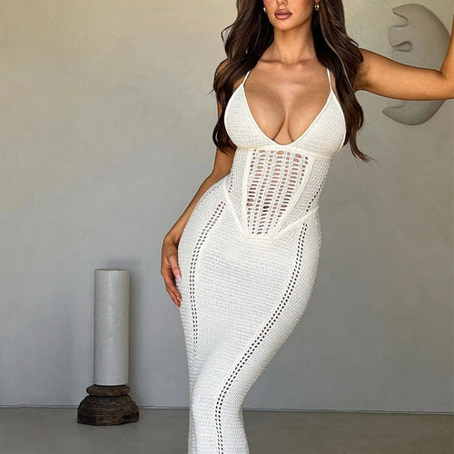 Load image into Gallery viewer, Knitted Solid V Neck Slips Backless Bandage Sexy Bodycon Maxi Dress Summer Women Fashion Outfits Beach Vacation
