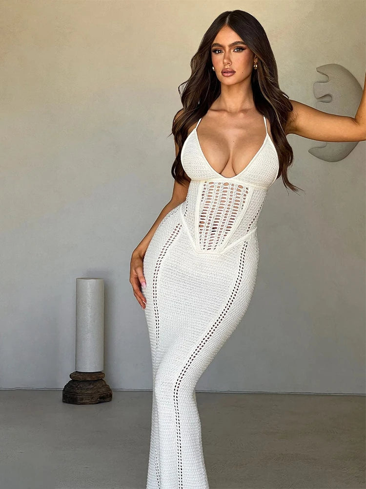 Knitted Solid V Neck Slips Backless Bandage Sexy Bodycon Maxi Dress Summer Women Fashion Outfits Beach Vacation