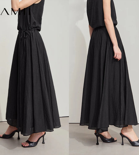 Minimalist New Summer Knee Length A-line Skirt Women Adjustable Drawstring Solid Color Commuting Style Loose Skirt 12522025