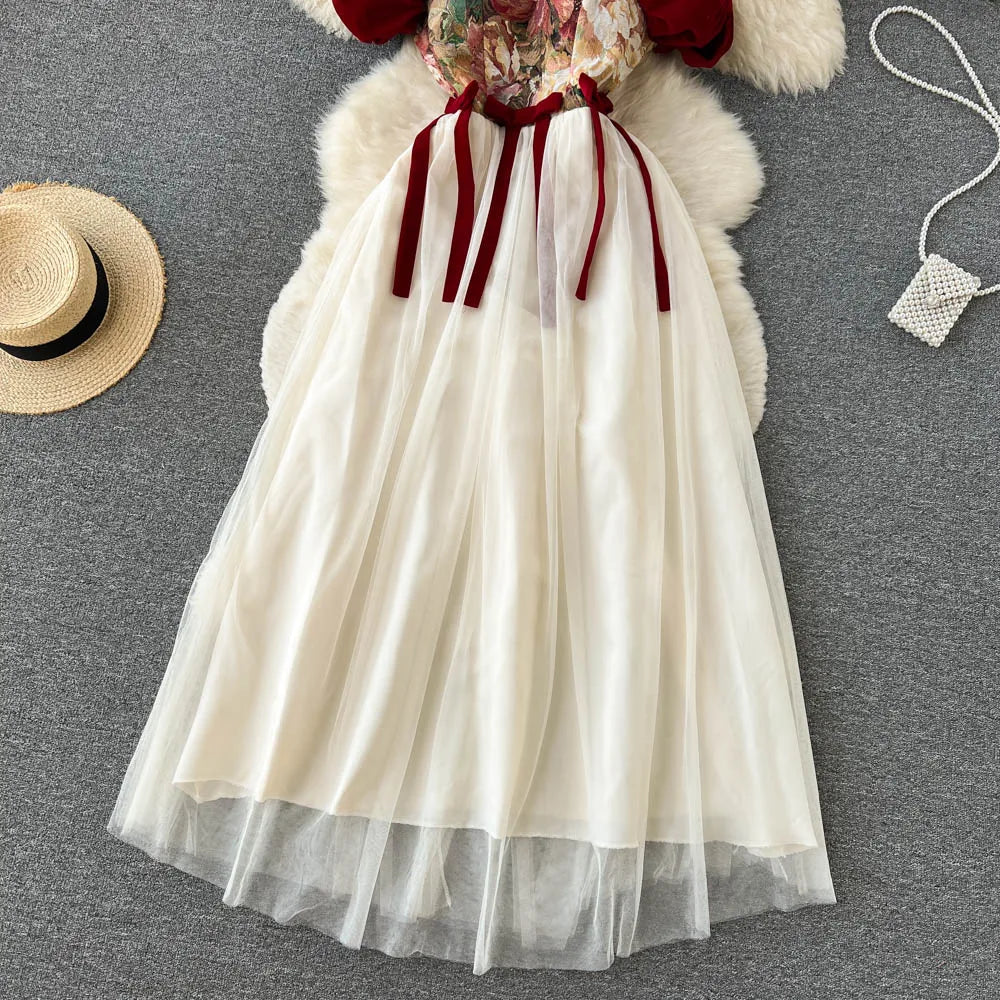 French Retro Women Beige Patchwork Mesh Embroidered Elegant High Waist Pleated Dress Summer Slim Slip Lace-up Long Dress Popular