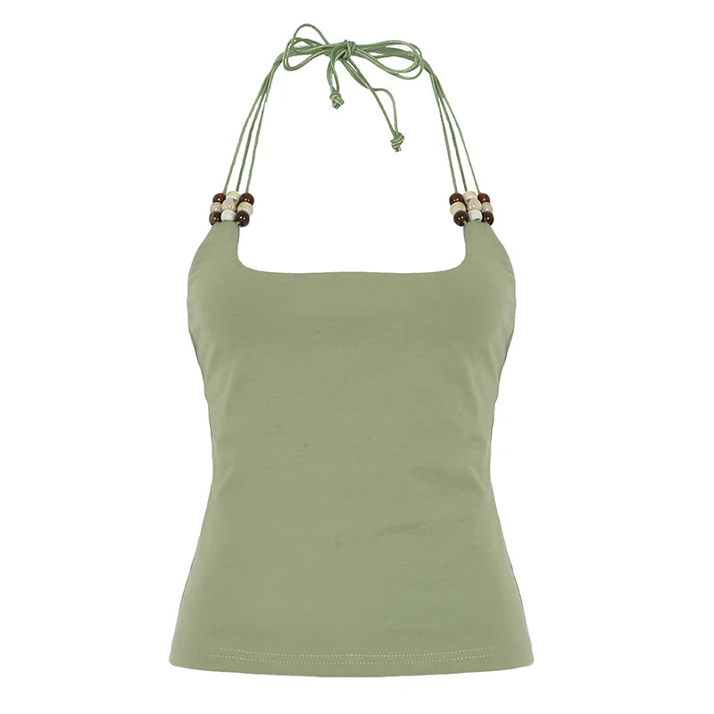 Vintage Solid Lace-Up With Beads Camisole Women‘s Holiday Slimming Halter Cropped Tops Backless Clothes Y2K Sexy New