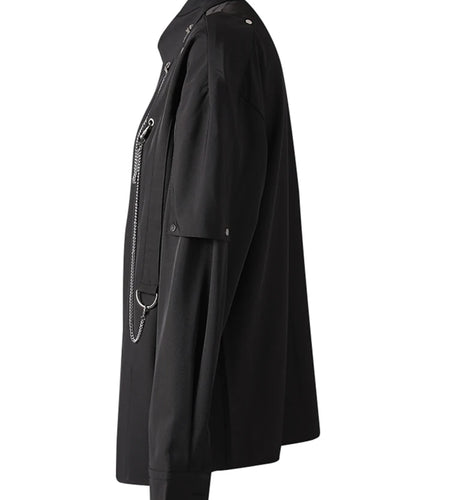 Women Black Metal  Chain Spliced Big Size Blouse New Lapel Long Sleeve Shirt Fashion Tide Spring Autumn 2025 CPG3100