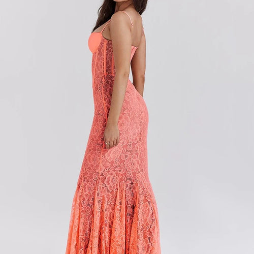 Load image into Gallery viewer, Floral Lace Sexy Maxi Dress For Women Orange Spaghetti Strap Sleeveless Backless Bodycon Club Party Long Dress Elegant
