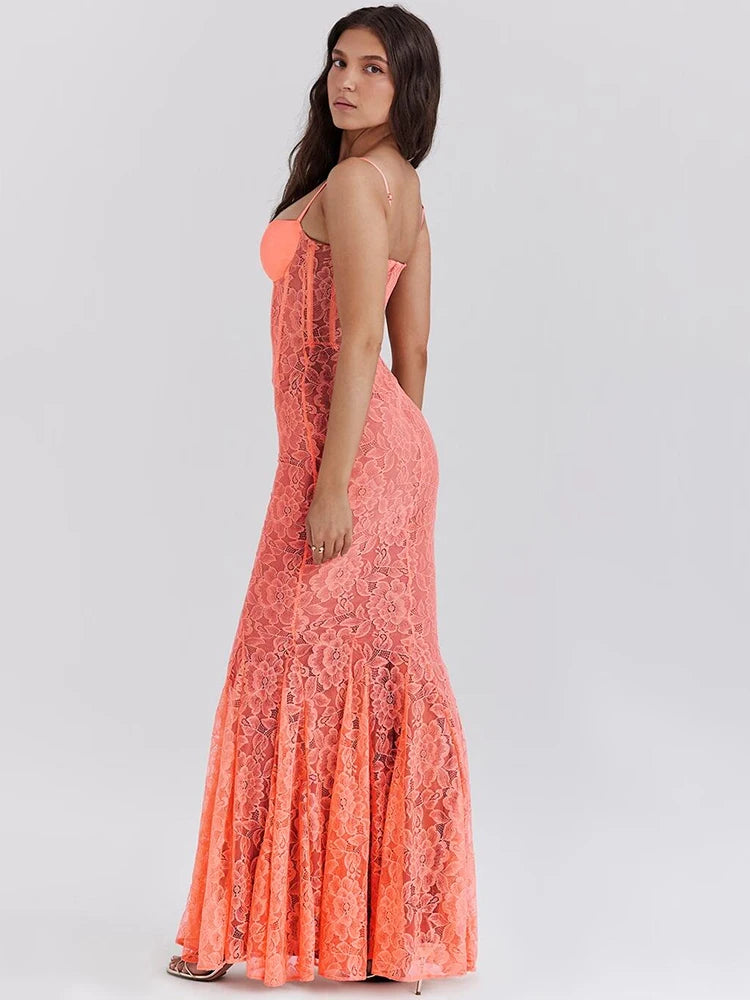 Floral Lace Sexy Maxi Dress For Women Orange Spaghetti Strap Sleeveless Backless Bodycon Club Party Long Dress Elegant