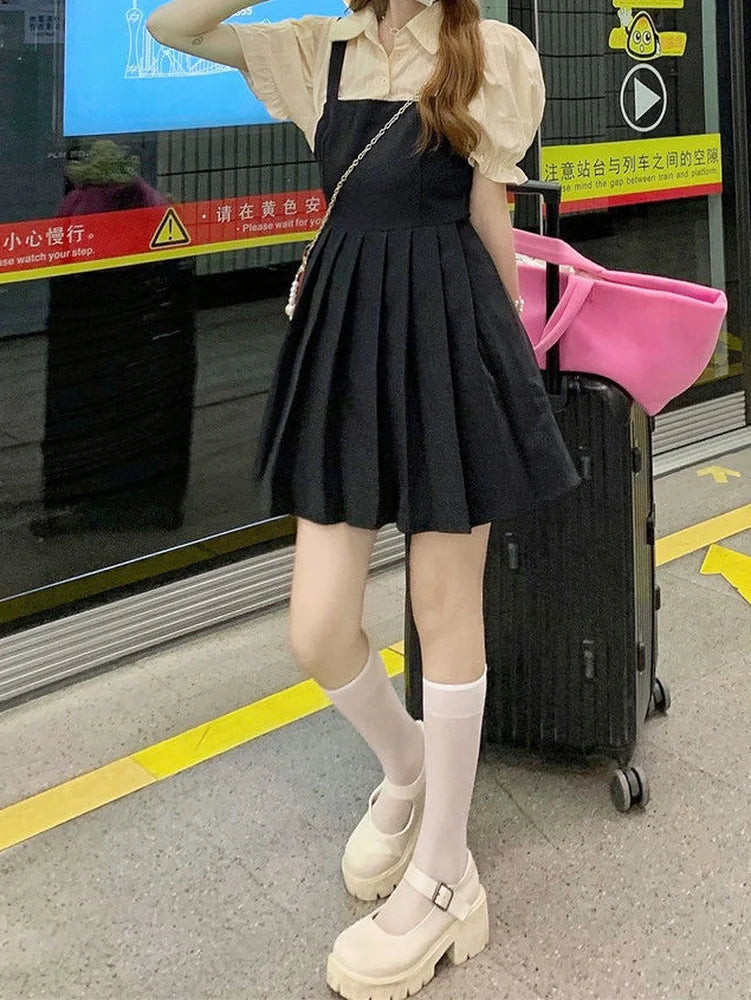 Korean Style Black Pleated Dress Women Casual Kawaii School Puff Sleeve Short Dresses Student Summer Sundress Kpop